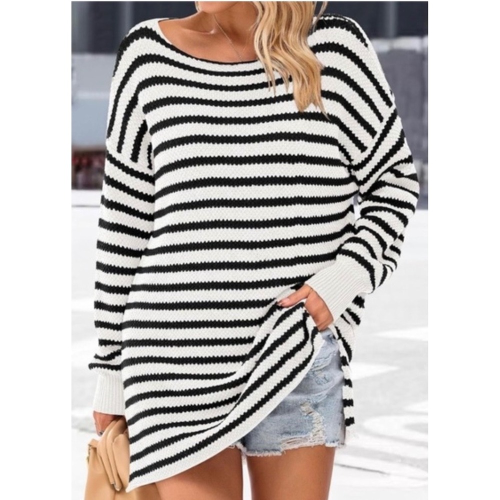 KIRUNDO‎ Women Black White Striped Oversized Knit Sweater Tunic Side Slits Small
